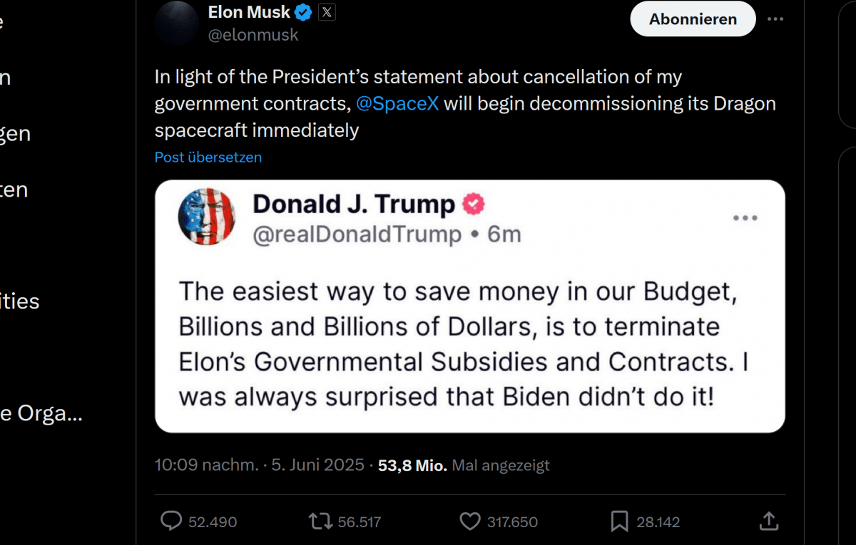 Elon Musk vs. Donald Trump: Drohung mit SpaceX, Tesla-Aktie stürzt ab