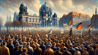 Menschenmenge bei einer Anti-AfD-Demonstration in Deutschland, diskutierend vor historischen Bauten