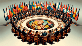 Diskussion über Kapitalismus und Sozialismus am runden Tisch mit BRICS- und G7-Flaggen im Hintergrund