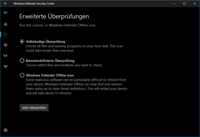 Preview des Windows Defender Security Center