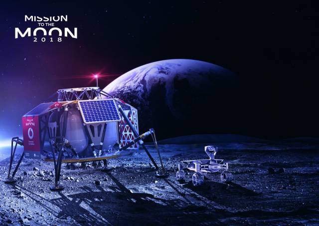 Computersimulation: Landemodul Alina zusammen mit einem der Rover auf dem Mond vor der Erde
