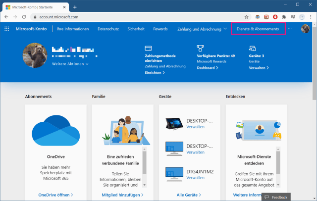Abos des Microsoft-Accounts aufrufen