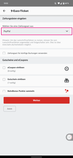 Zahlungsmethode auswählen