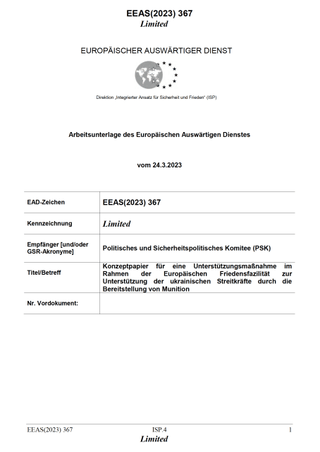 Telepolis dokumentiert: Konzeptpapier des Europäischen Auswärtigen Dienstes zu Munitions- und Waffenlieferungen an die Ukraine
