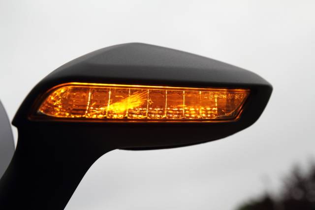 Blinker im Spiegel integriert. Das in der Mitte ist kein Käfer oder Designelement, sondern eine Scheuerstelle in der Plastikstreuscheibe.