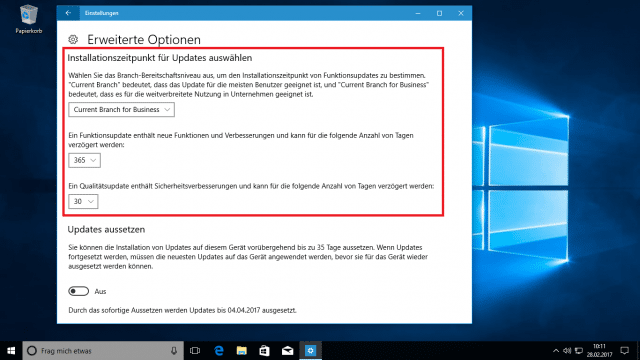 Windows 10 Creators Update -- Update-Steuerung