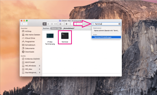 Terminal über die Suche im Mac-Finder öffnen