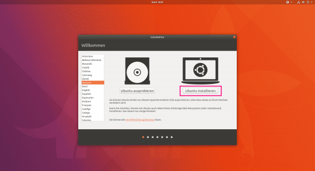 Sprache auswählen und "Ubuntu installieren" klicken