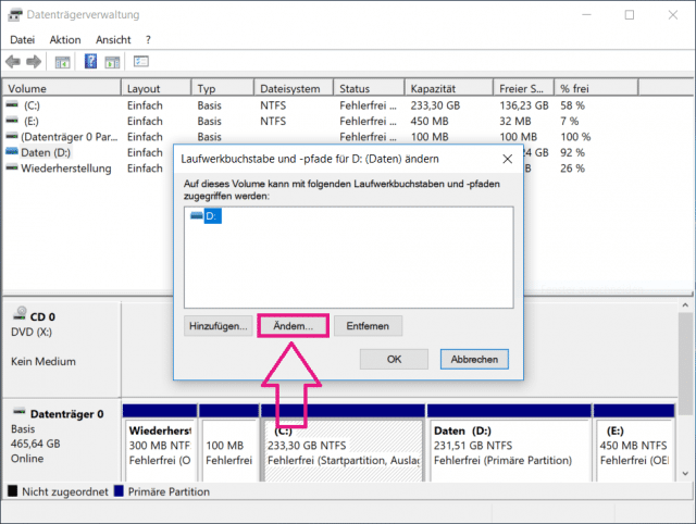 Das "Ändern..." Menü für den Laufwerksbuchstaben wird aufgerufen.