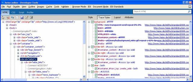 Entwicklertools im Internet Explorer 8