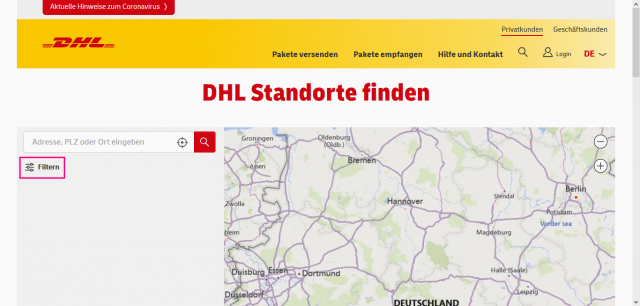 1. Schritt: Screenshot von www.dhl.de; Klick auf "Filtern".