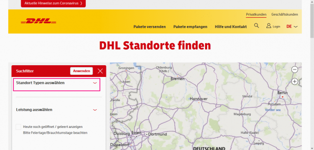 2. Schritt: Screenshot von www.dhl.de; "Standort Typen auswählen" aufklappen.