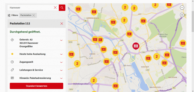 6. Schritt: Screenshot von www.dhl.de; für mehr Informationen auf eine Station klicken.