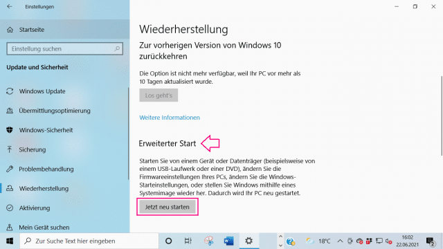 Schritt 4: "Jetzt neu starten"; Screenshot aus Windows