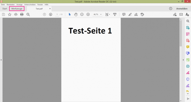 2. Schritt: PDF öffnen und auf "Werkzeuge" gehen; Screenshot aus dem Adobe Acrobat Reader DC