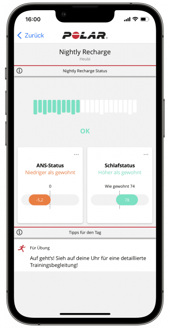 Zusätzlich zum Schlafstatus analysiert Polar die Erholung des autonomen Nervensystem (ANS) während des Schlafens.