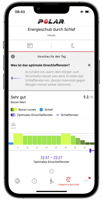 Aus den Anstrengungen am Tag und der nächtlichen Erholung schließt Polar auf die Energiereserven und zeichnet sie in ein Stundendiagramm.