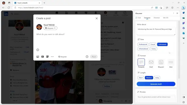 Screenshot des Edge-Chat mit einer LInkedin-Page im Hintergrund. "What do you want to talk about?" bittet der Chat um Input für die automatisierte Erstellung eines Linkedin-Posts.