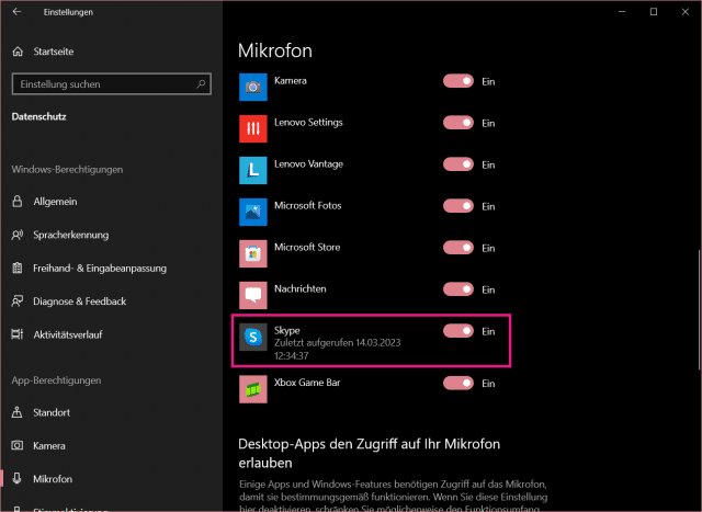 Zugriff auf Mikro von Skype erlauben