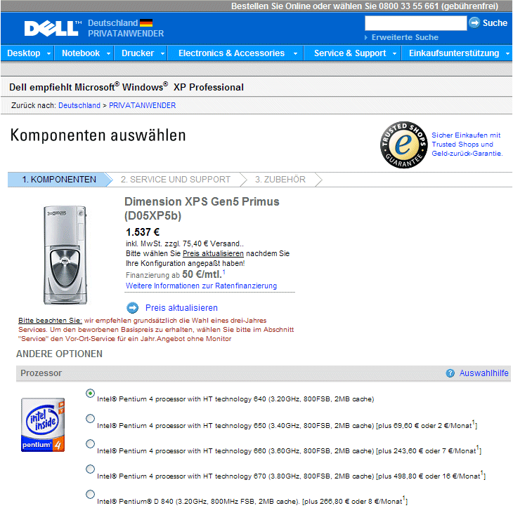 Screenshot von der Dell-Webseite