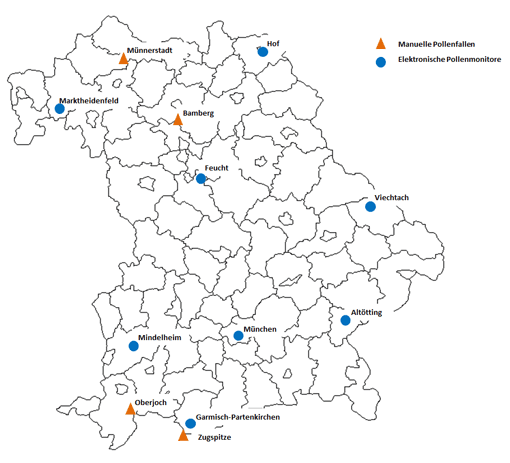 Abb.: Schematische Übersicht über die geplanten Standorte der Pollenfallen und Pollenmonitore in Bayern.