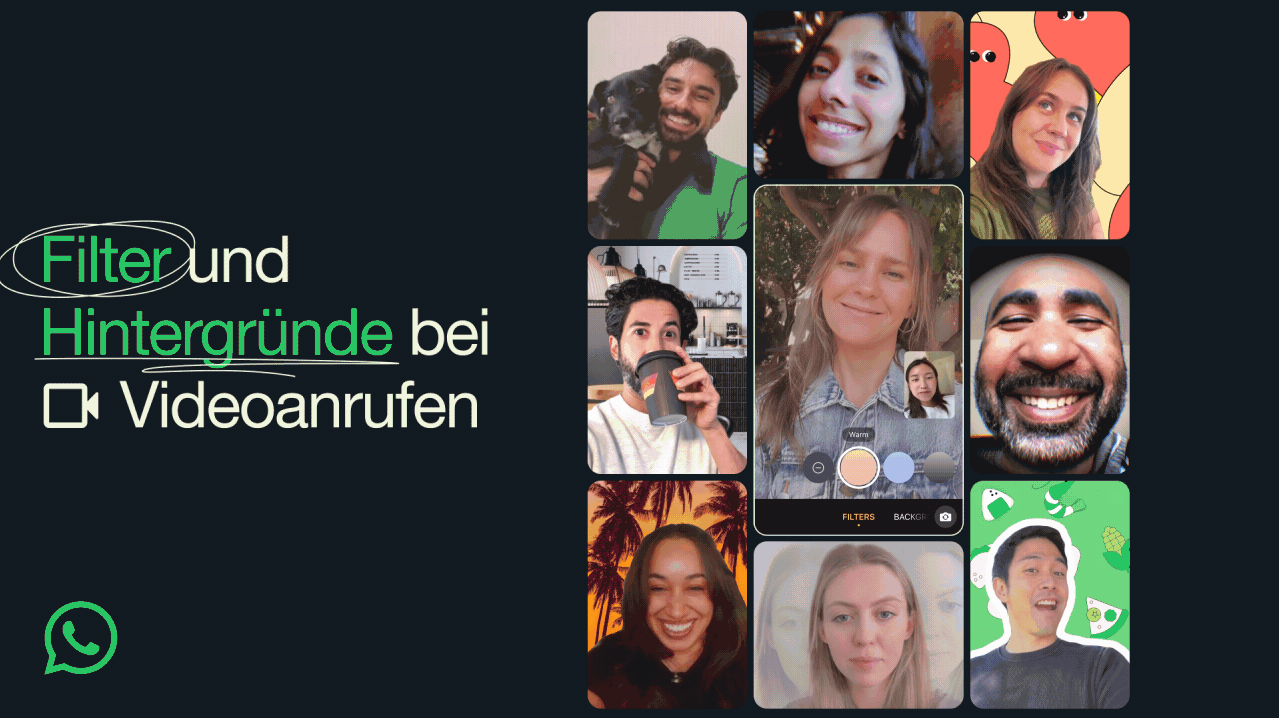 Ein Bild mit einer kleinen Auswahl an Filtern und Hintergründen bei Videoanrufen auf WhatsApp