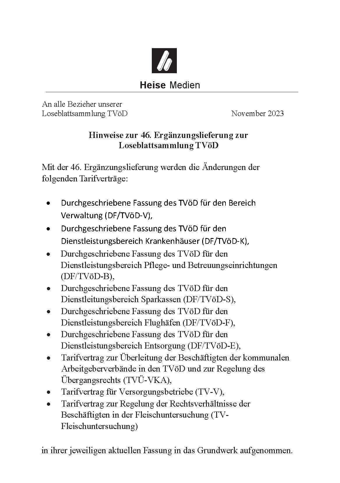 46. Erg. Tarifrecht kommunaler Verwaltungen und Betriebe TVöD