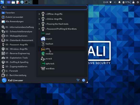Die Kali-Installation enthält etliche Security-Tools, die man ohne Installation ausprobieren kann.