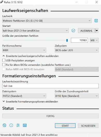 Klick, Klick, Stick: Rufus erstellt nach ein paar Mausklicks einen bootfähigen Kali-Stick samt Persistence-Partition, in der Sie Daten dauerhaft ablegen können.