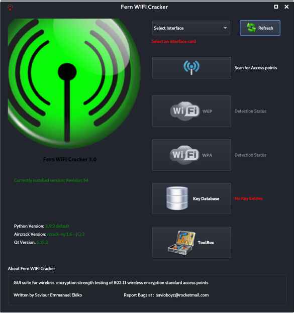 In der Hand von Angreifern kann auch der Fern Wifi Cracker, mit dem man Drahtlosnetze auf Sicherheitslücken abklopft, zum Werkzeug für eine Straftat werden.