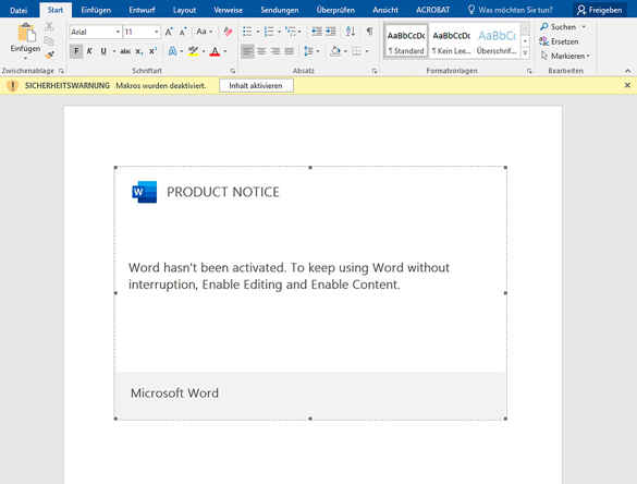 Phishing-Dokumente fordern häufig mit fadenscheinigen Argumenten dazu auf, auf die gelbe Leiste von Microsoft Office zu klicken. Dadurch wird das mitgelieferte Schadcode-Makro ausgeführt.