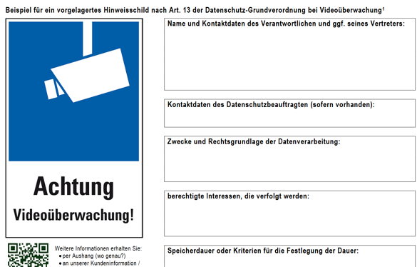 Ein editierbares Muster der Datenschutzbehörden zeigt, wie ein rechtskonformer Hinweis auf Videoüberwachung aussehen muss (siehe ct.de/yq1q)., Quelle: LfDI Niedersachsen