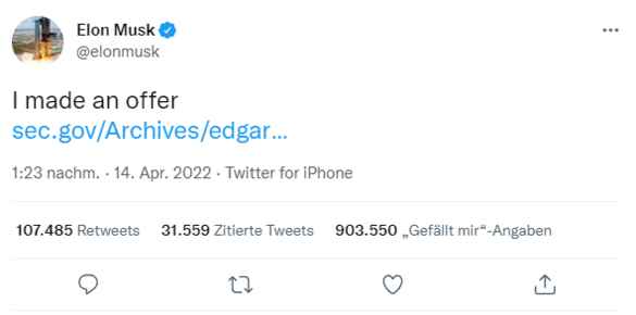 Elon Musk unterbreitete Twitter ein Übernahmeangebot – und wies natürlich per Tweet darauf hin., Bild: Twitter/elonmusk