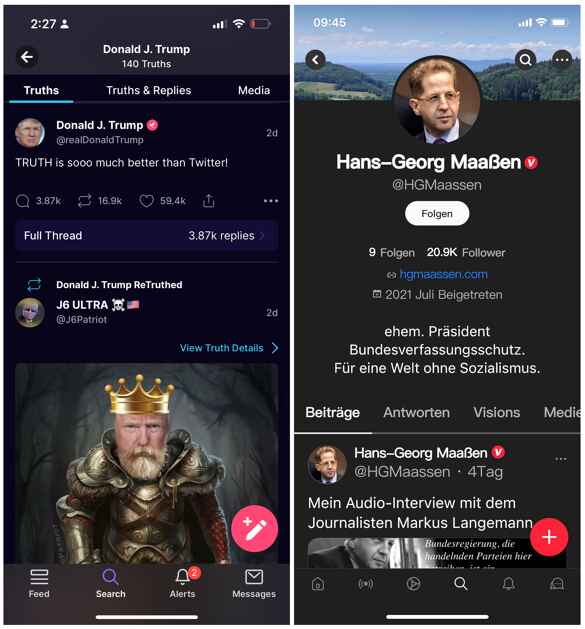 Netzwerke wie Truth Social (Screenshot links) und Gettr können es bisher nicht mit Twitter aufnehmen, sie haben viel weniger Nutzer., Bild: Truth Social, Gettr