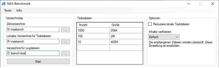 Der c’t-NAS-Benchmark kopiert über die Windows-Systemfunktionen unterschiedliche Dateisätze aufs und vom NAS. So zeigt er, welche Geschwindigkeiten man im Alltag bei verschiedenen Dateitypen erwarten darf.