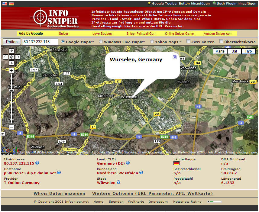 Infosniper - IP-Adressen Lokalisierung