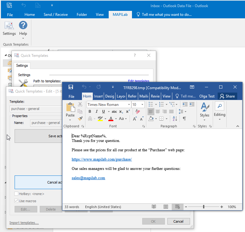 Quick Templates for Outlook