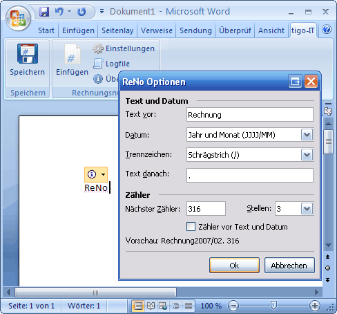 Rechnungsnummer Add-In für Word und Excel
