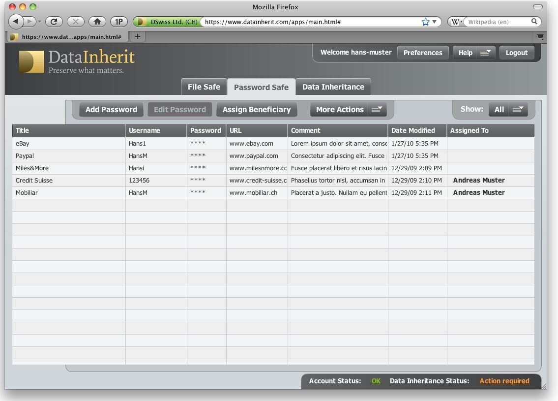  SecureSafe (ehemals DataInherit Password Safe)