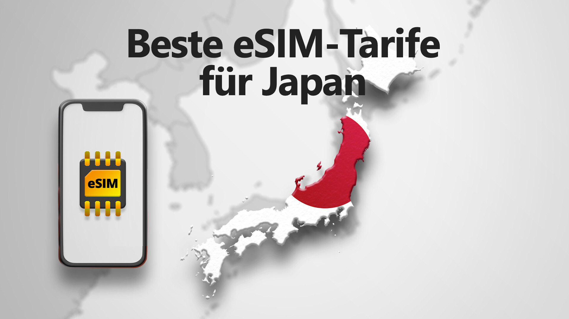 Artikelbild: eSIM-Smartphone neben japanischem Landesumriss, der mit der Landesflagge gefüllt ist