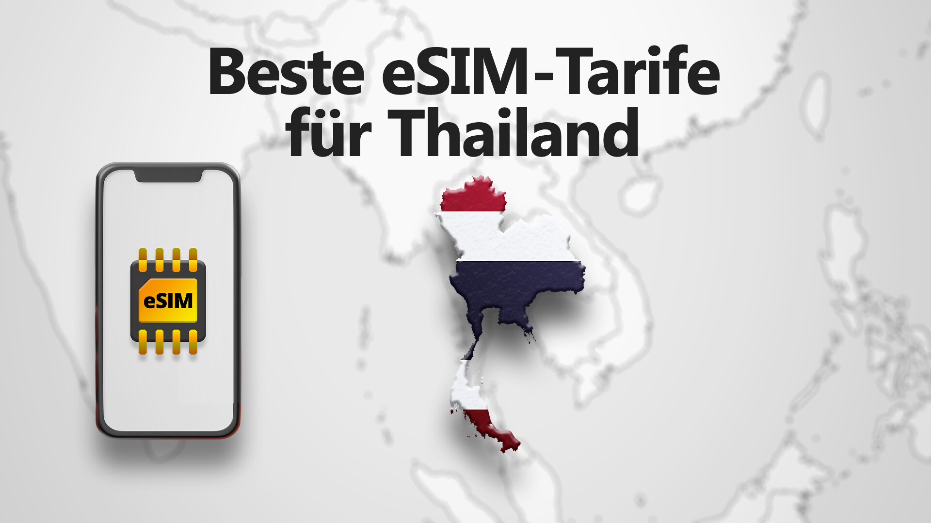 Artikelbild: eSIM-fähiges Smartphone neben Thailand-Flagge in Landesform