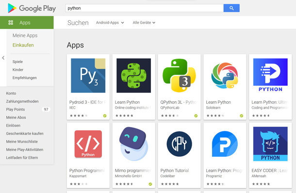 Python-Apps gibt es wie Sand am Strand – eine offizielle befindet sich jedoch nicht darunter. Die Apps sind mit Werbung und In-App-Käufen gespickt, häufig ist die mitgebrachte Python-Version veraltet.,