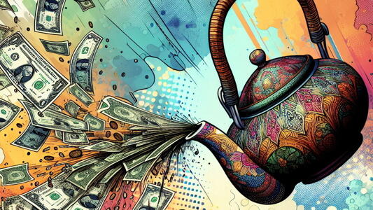 Eine Teekanne sch&uuml;ttet Geld statt Tee aus