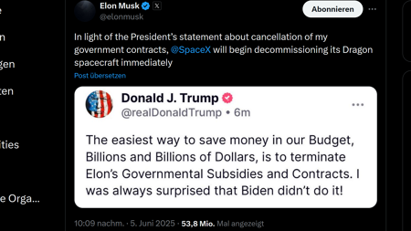Elon Musk vs. Donald Trump: Drohung mit SpaceX, Tesla-Aktie stürzt ab