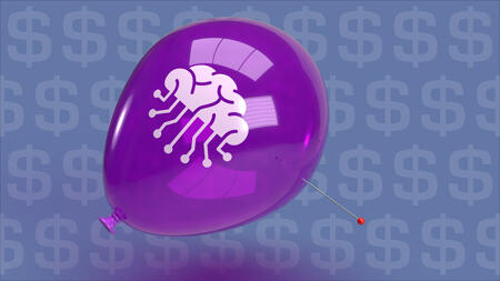 Nadel piekst in Luftballon mit KI-Aufdruck. Im Hintergrund Dollar-Zeichen
