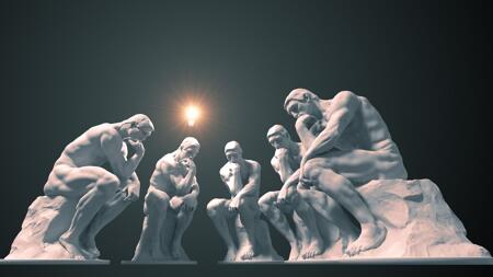 Grafik zeigt ein "Denkerteam" zusammengestellt aus der berühmten Skulptur "Der Denke" von Rodin. Über einer der Figuren leuchtet ein Licht.