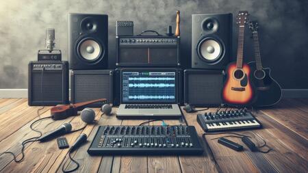 Ein Laptop mit Audio-Recording-Software, darum Musikinstrumente