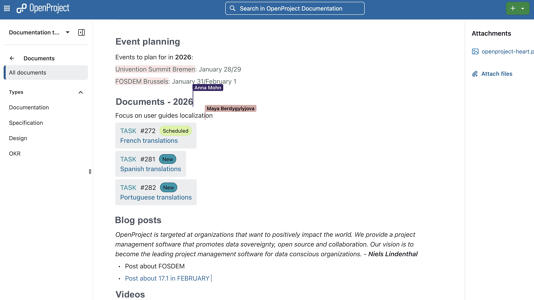 Dokumenteneditor in OpenProject 17 mit farbigen Cursorn verschiedener Nutzer