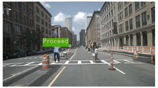 Grafik aus einer Studie, auf der eine Person ein Schild mit der AUfaschrift "Proceed" hochhält, um ein autonomes Fahrzeug zu täuschen.
