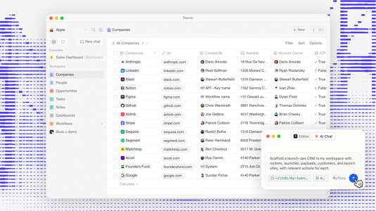 Screenshot einer CRM-Anwendung mit einer Liste von Unternehmen und deren Details.